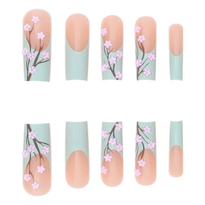 Chinese Style French Nail Tips with Floral Design