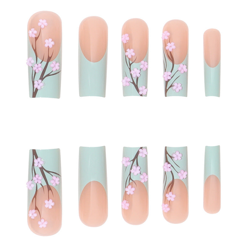 Chinese Style French Nail Tips with Floral Design