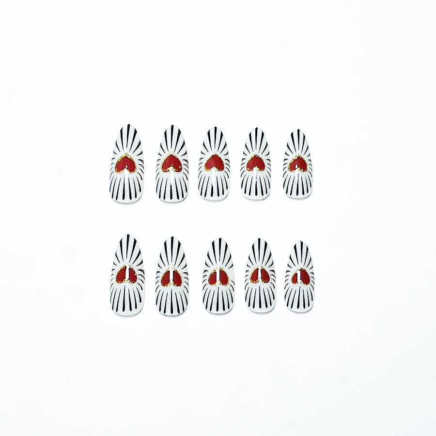 Valentine's Day Almond-Shaped Nails with Black Stripes and Red Hearts