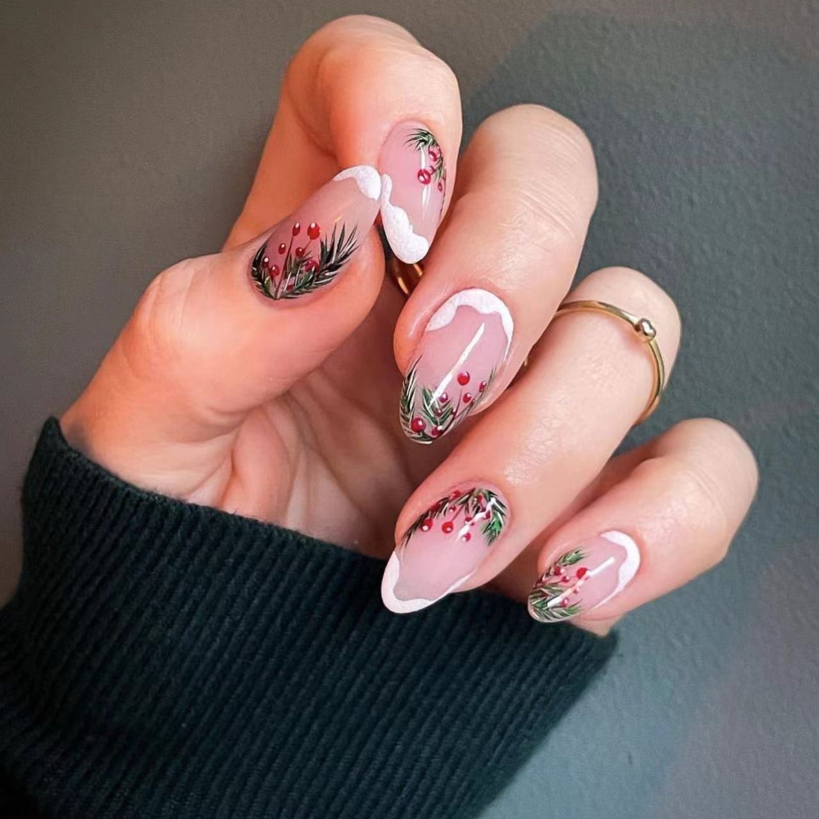 Winter Christmas Pink Transparent Almond Snowflake Tree Nail Tips