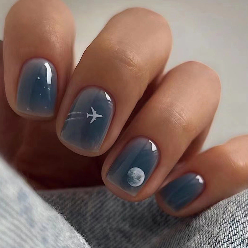 Short Midnight Blue Nails Euro Ins Style Sweet Cool Fake Nails Moon Plane Universe Design