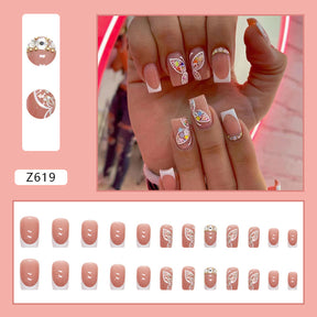 Simple White French Shiny Butterfly Nails Mid-Length Euro Square