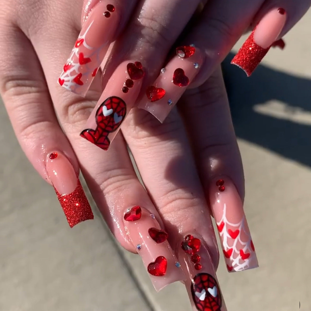 New Trendy French Spider-Man Nails with Heart and Diamonds