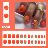 Short Vibrant Orange Summer Nails, Multicolor Floral Design