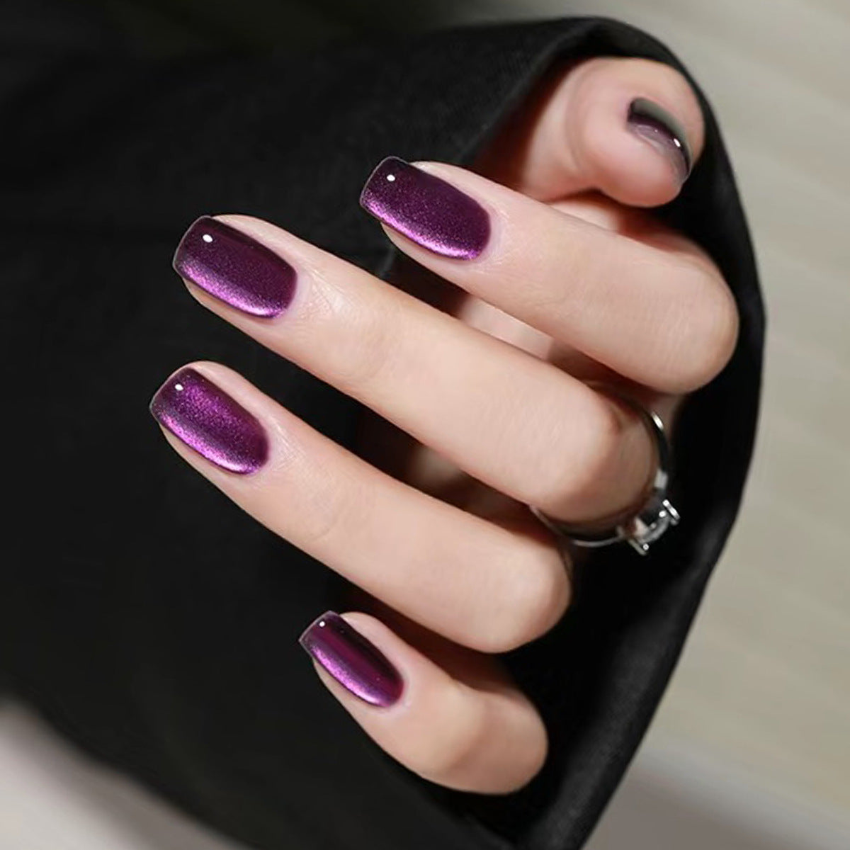 Square Purple Glitter Cat Eye Press-On False Nails