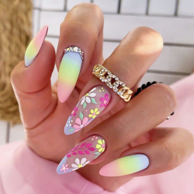 Edgy Almond Nail Tips with Rainbow Flower Design