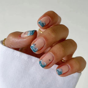 Short Blue Wave Cool Natural Fall Nails, 24-Piece Wholesale Set