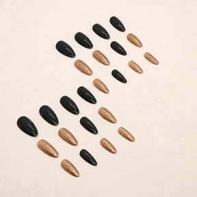 Sweet and Edgy Solid Whitening Nails, Almond Shape, Black and Gold, Ins Style