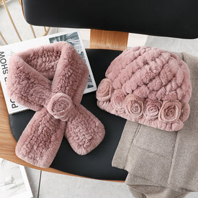 Elegant Real Rabbit Fur Hat & Scarf Set - Winter Warmth