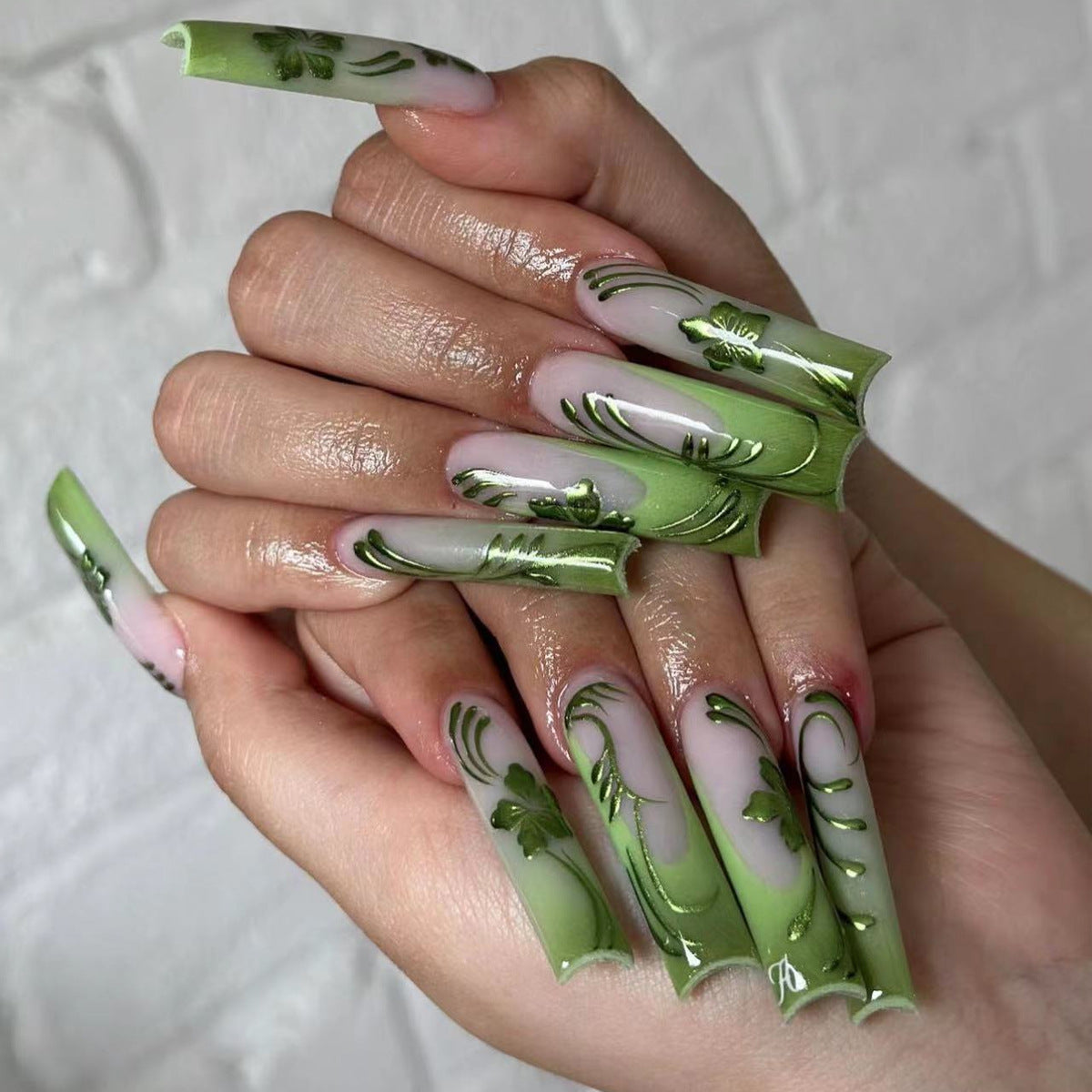 XXL Green Gradient French Nails with Floral Lines