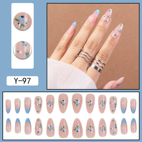 Blue Floral French Tip Nail Extensions, Detachable