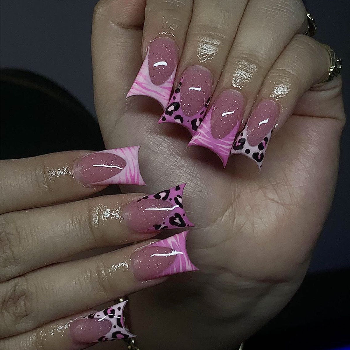 Pink Leopard Print French Tip Removable Nail Extensions