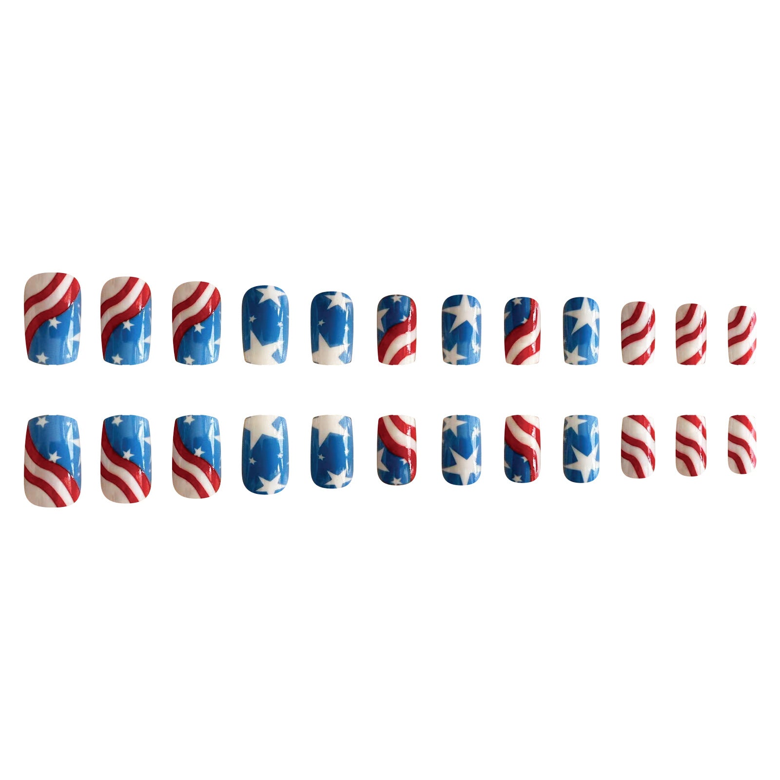 4th of July White Blue Star Line Short Square Nails