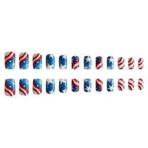 4th of July White Blue Star Line Short Square Nails