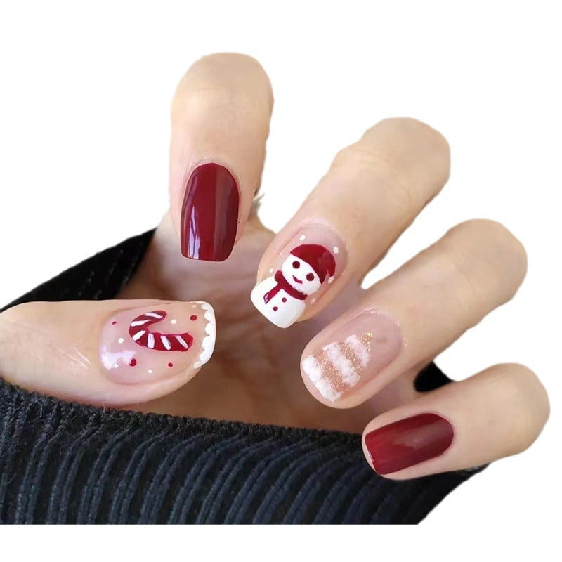 Christmas Red Snowman Candy Stripe Nails - Removable (24-Piece)