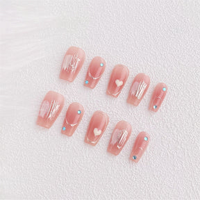 Chic Handmade Blush Short Staircase Fall Nails, Sparkling Diamond Hand-Painted Nail Patches