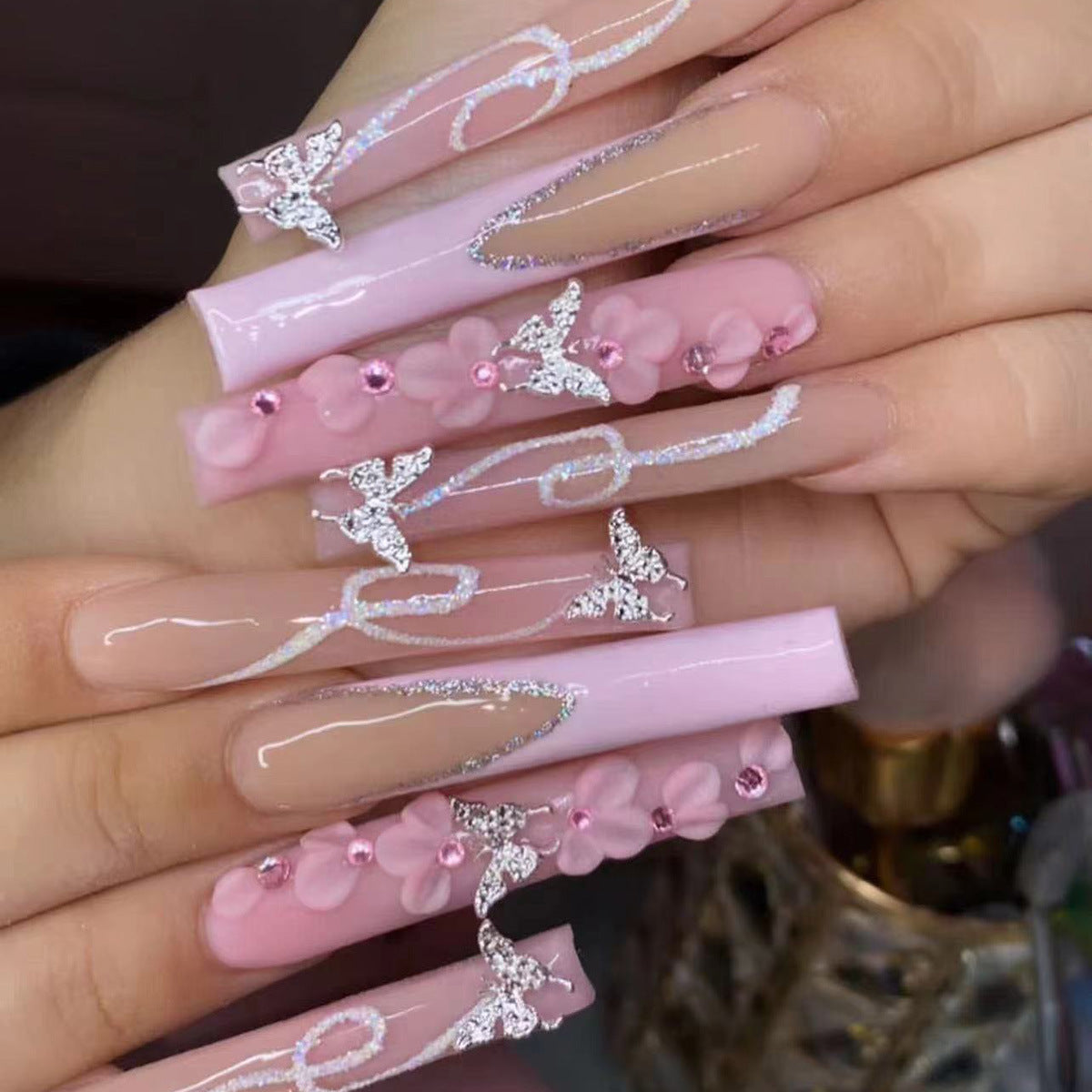 Silver Butterfly Glitter Nail Tips with Pink Flowers