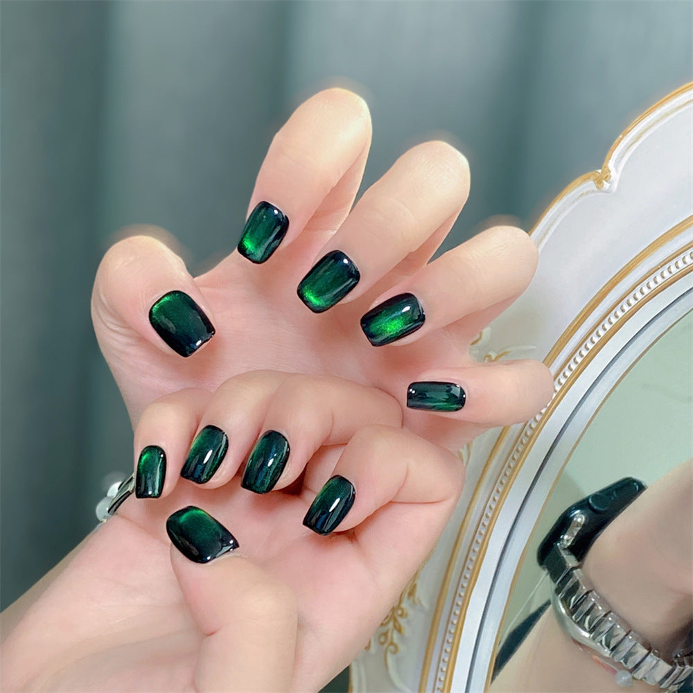 Chic Handmade Gemstone Green Cat Eye Fall Nails, Versatile and Trendy Nail Patches