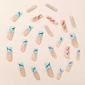 Pre-made Spring Summer Green French Edge Five-Petal Flower Fake Nails