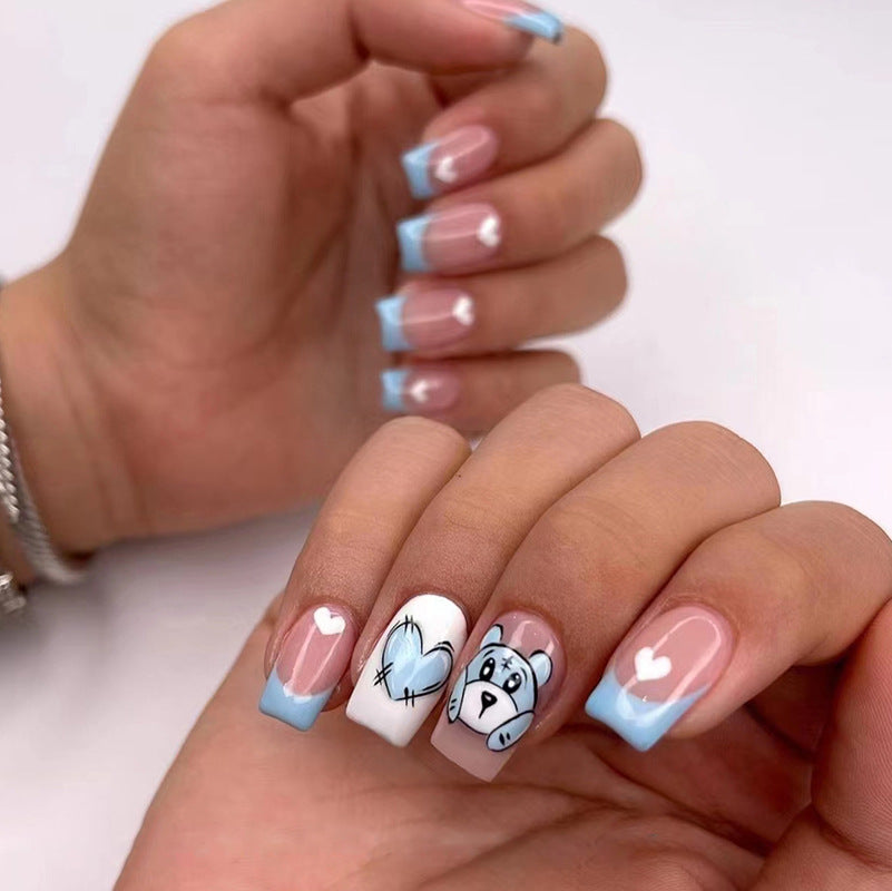 Blue Cute Bear Heart Nails, Mid-Length French Square