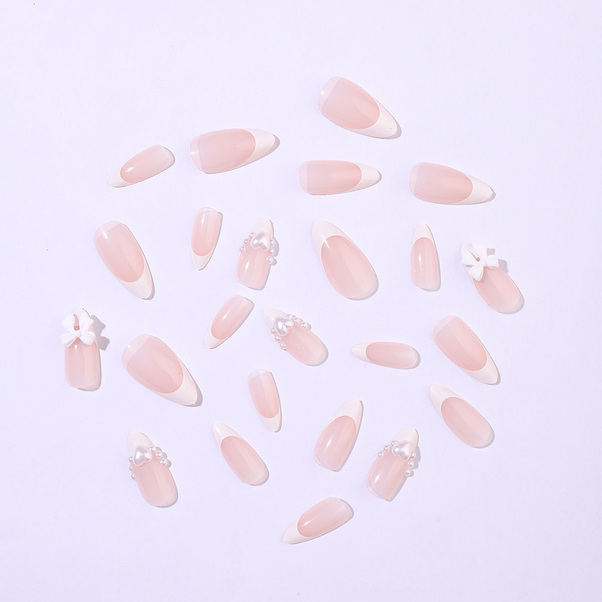 Bow Pearl Heart French Almond Nail Tips