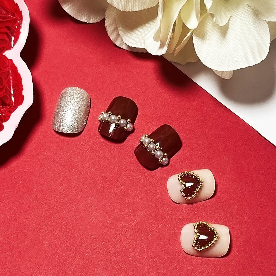 Valentine's Day Short Square Nails with Gold Beads and Hearts