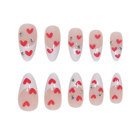 White French Drop Nails - Red Heart Water Diamonds (Wholesale 24-Piece)