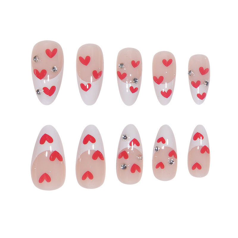 White French Drop Nails - Red Heart Water Diamonds (Wholesale 24-Piece)