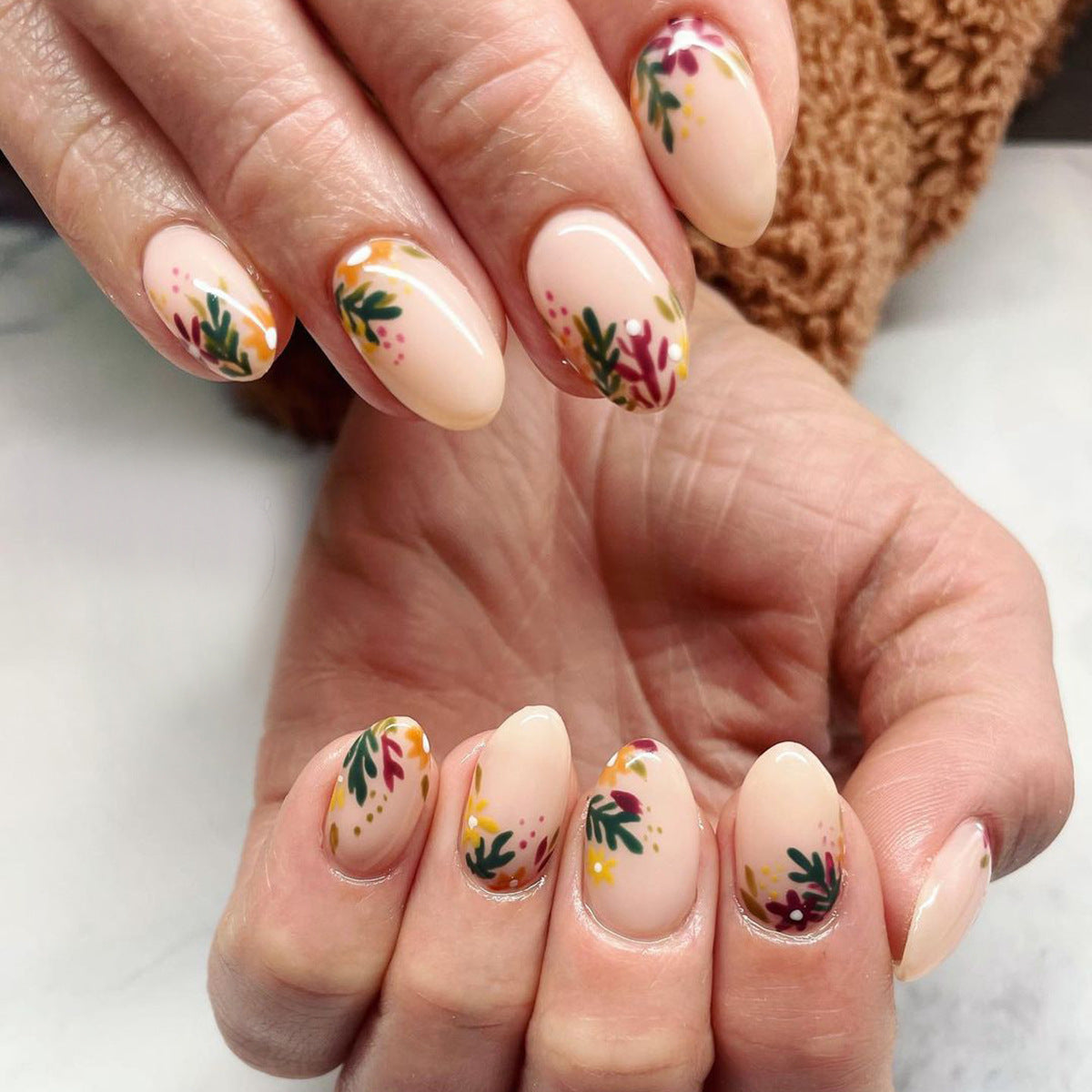 Thanksgiving Brown Maple Leaf Nails, Orange Flower Design