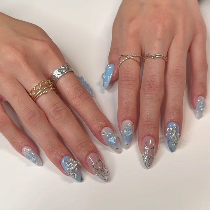 Detachable Blue Glitter Almond Fall Nails with Stars and Hearts 24-Piece Set