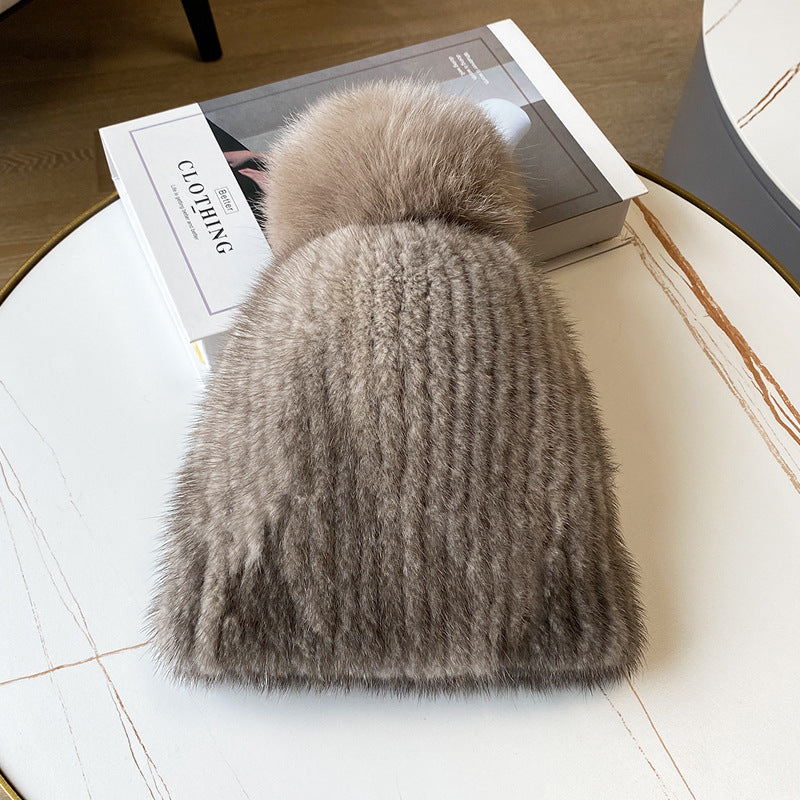 Winter Fox Pom Pom Mink Fur Hat with Ear Protection