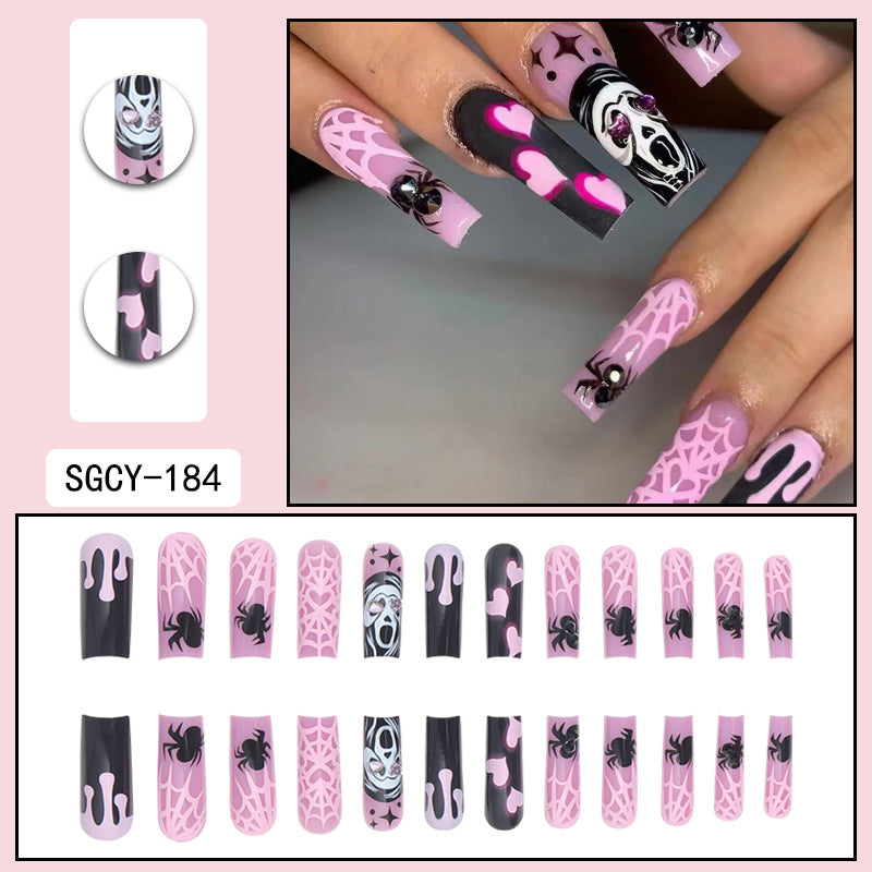 Spooky Fall Nails: Diamond-Accent Long Waterpipe Nail Tips with Heart, Spider, Skull Designs