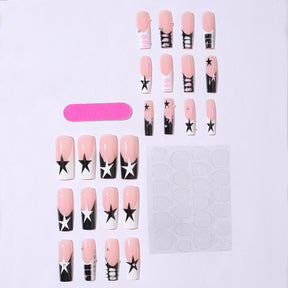 Long Water Pipe French Nails with Black and White Stars