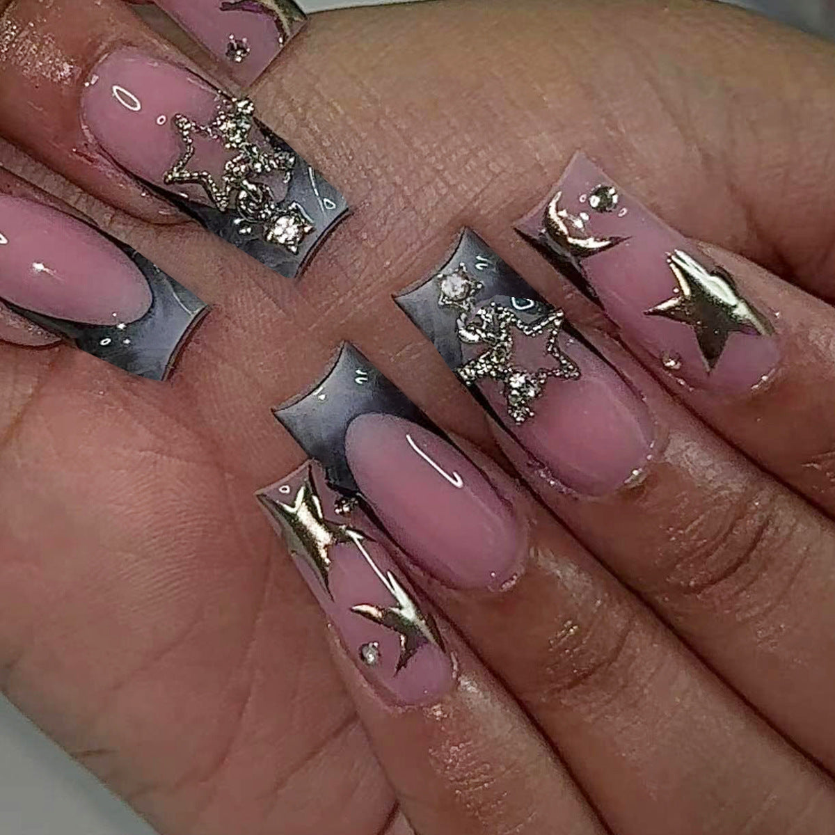 French Star Diamond Handmade Nails, Edgy and Sweet