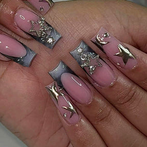 French Star Diamond Handmade Nails, Edgy and Sweet