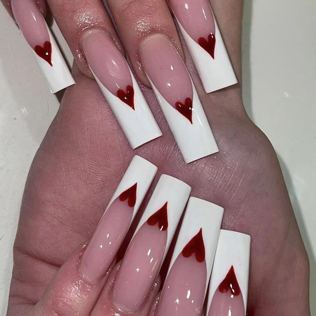 Valentine's Long Heart French Nail Extensions, Detachable