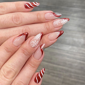 Christmas Almond French Red White Striped Glitter Snowflake Detachable Fake Nails