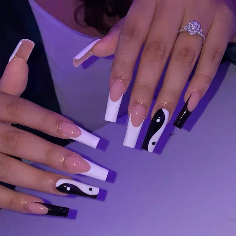 Black and White Tai Chi French Ultra Long Nails