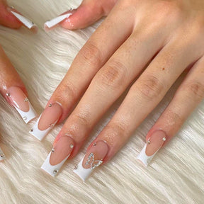 European White French Edge Nail Tips with Butterfly and Diamonds