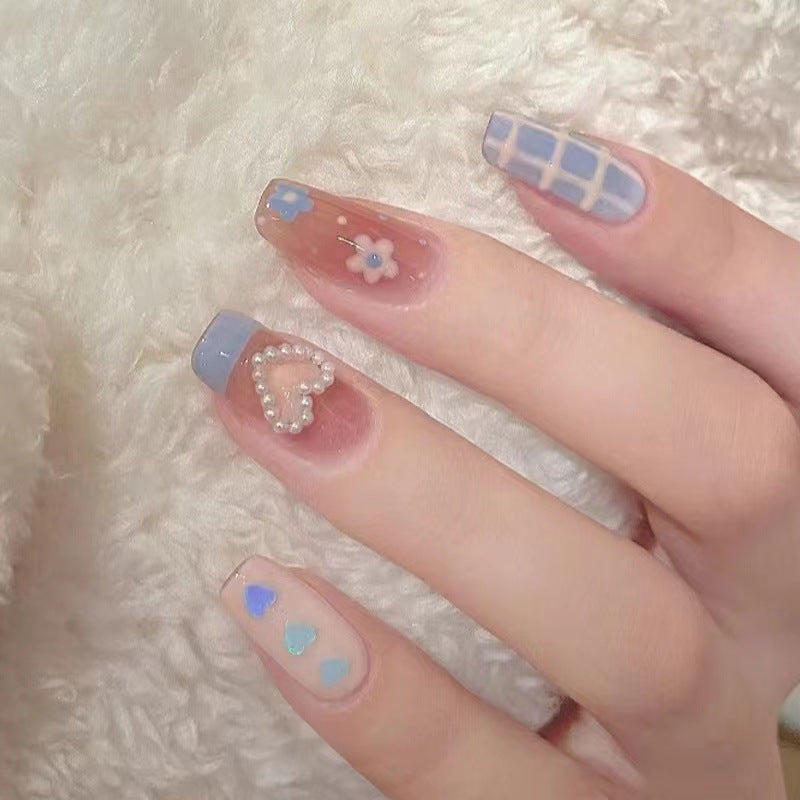 Blue Plaid Flower Ballet Fall Nails: Pearl Heart Bow French Nail Tips