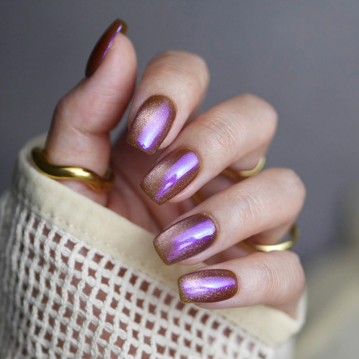 Aurora Cat Eye Purple Nail Art Tips, Short Luxury Wearable Nails