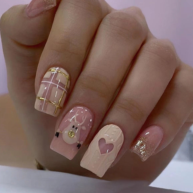 Cute Shimmer Mid-Length Deer Nails, Heart Check Pattern