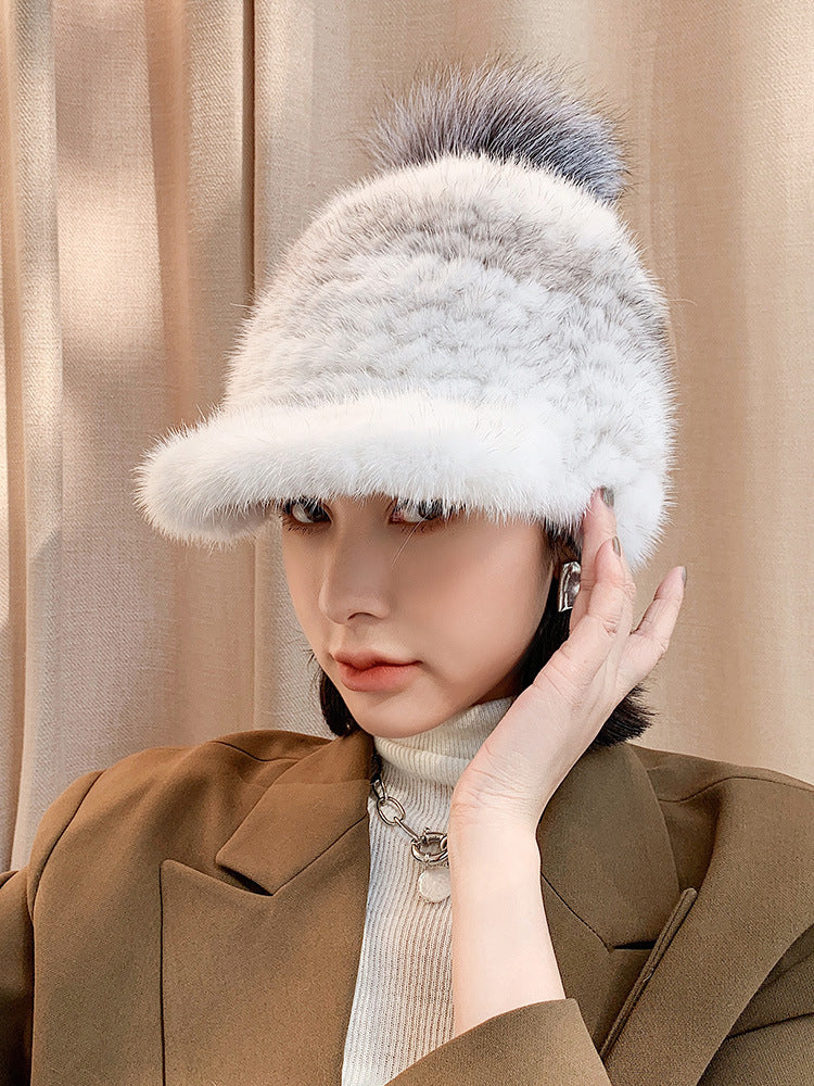 Stylish Mink Fur Cap with Fox Pom Pom - Winter Accessory