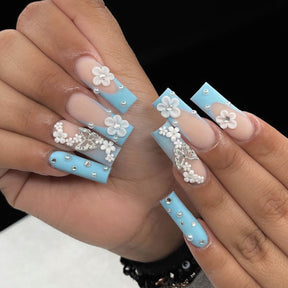 Sky Blue Flower Pearl 5-Petal 3D Butterfly Fresh Fake Nails