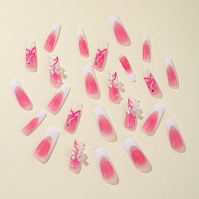 Removable Pink Aurora Bow Pearl Crystal French Nails