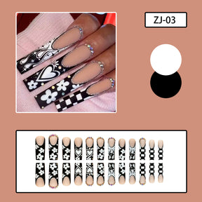 Black White Star French Tip Long Square Fake Nails, Rhinestone Heart Flame Plaid