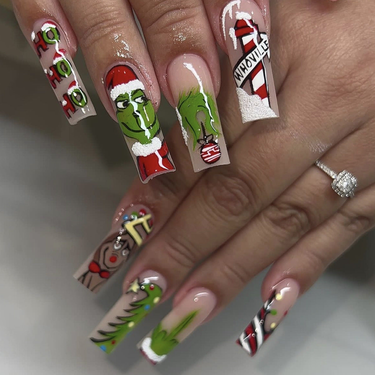 Removable Christmas Grinch Letter Print Fake Nails