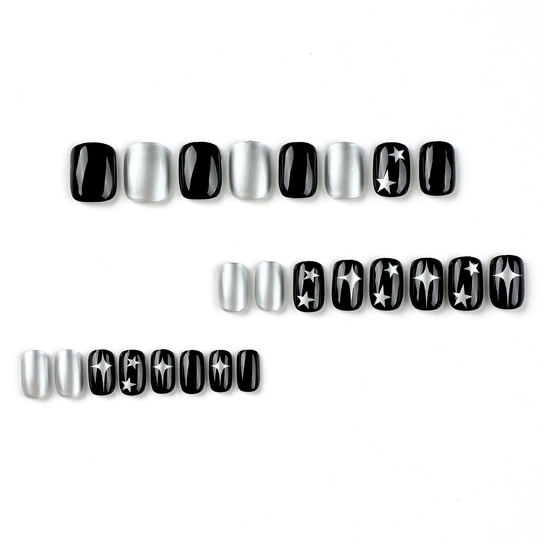 Y2K Black Silver Star Nails, Short Wear-On Tips