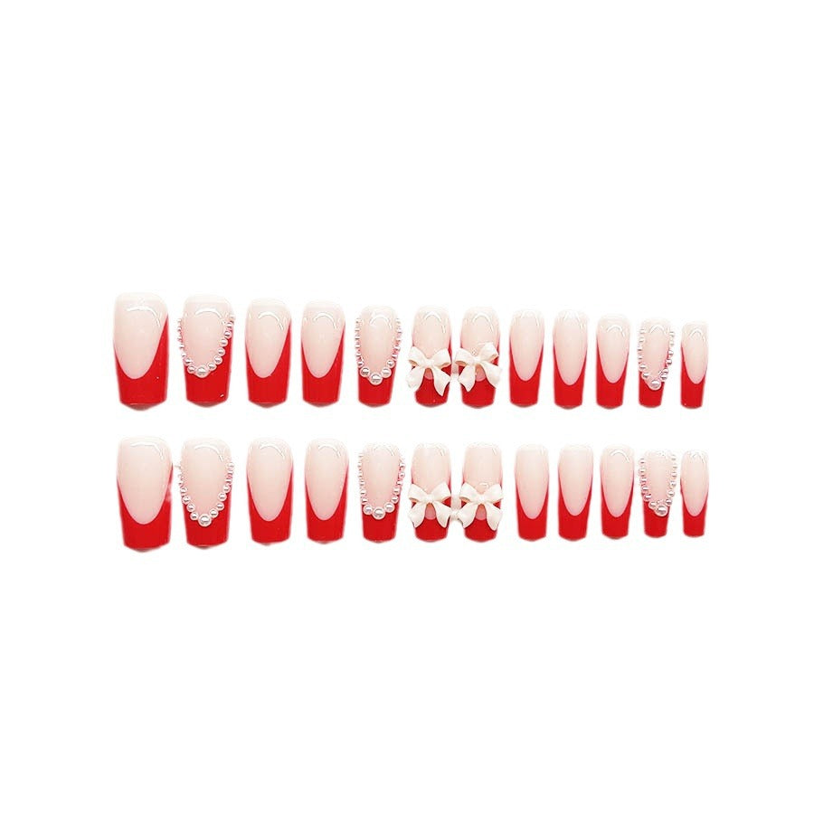 Y2K Long Ballet Red French Bow Nails, Removable & Stylish