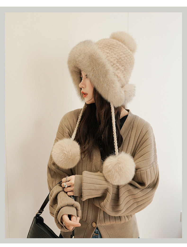 Women's Warm Faux Fur Lined Fox Ear Flap Hat with Real Rabbit Fur Pom Pom